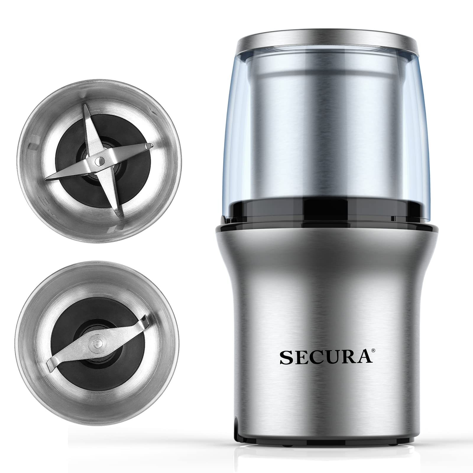 Secura Electric Coffee Grinder and Spice Grinder with 2 Stainless Steel  Blades Removable Bowls - The Secura