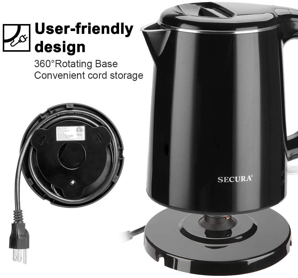 Electric Kettle Stainless Steel,1.0L Double Wall Electric Tea Kettle, Cool  Touch Water Kettle & Hot Water Boiler for Boiling Water,Auto Shut-Off 