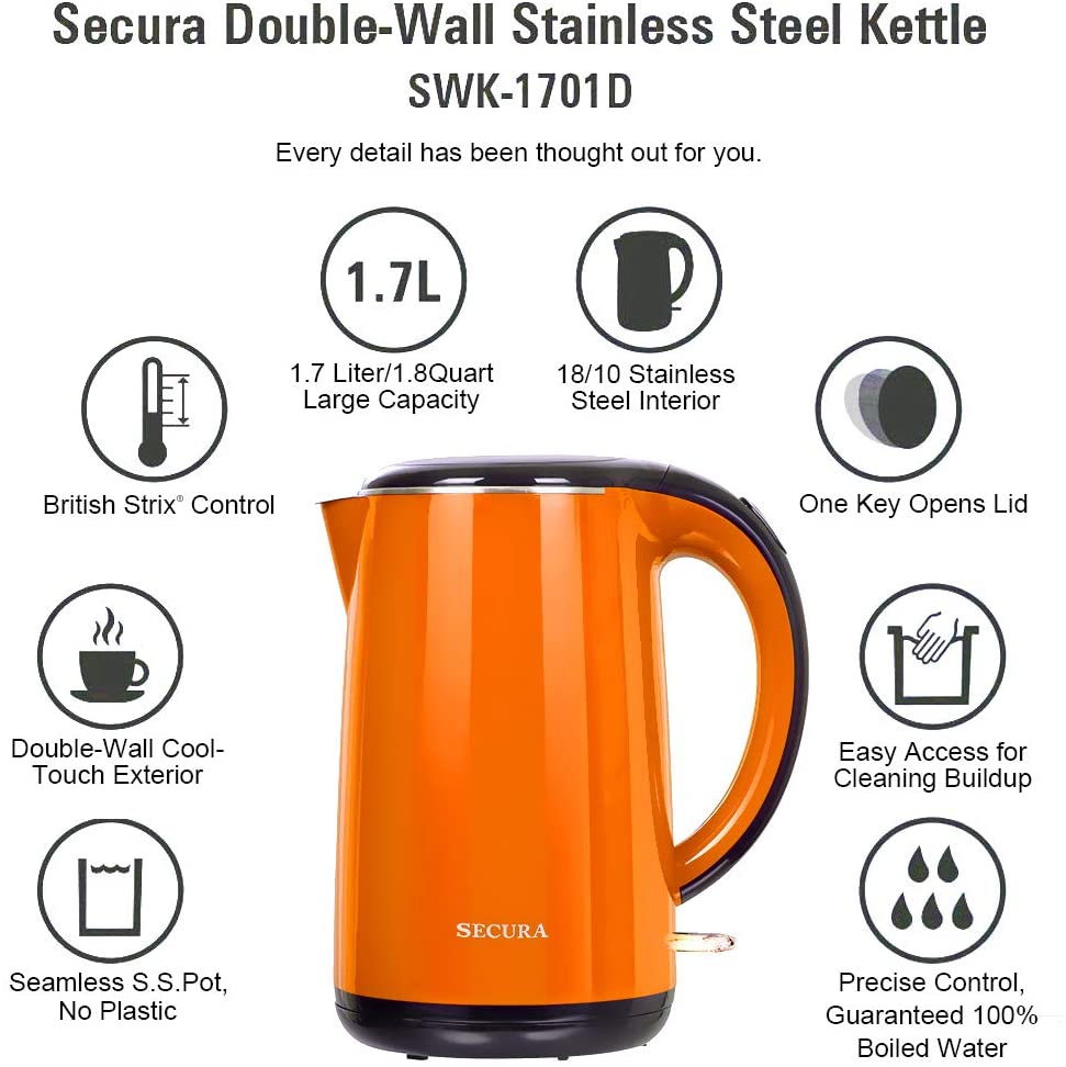 Secura SWK-1701DP The Original Stainless Steel Double Wall Electric Water  Kettle 1.8 Quart, Dark Purple
