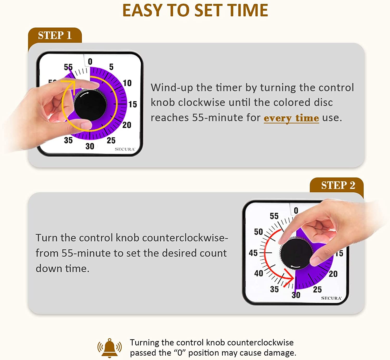 Secura 60-Minute Visual Countdown Timer, 7.5-Inch Oversize Classroom Visual  Timer for Kids and Adults, Durable Mechanical Kitchen Timer Clock with  Magnetic Backing (Purple) - The Secura
