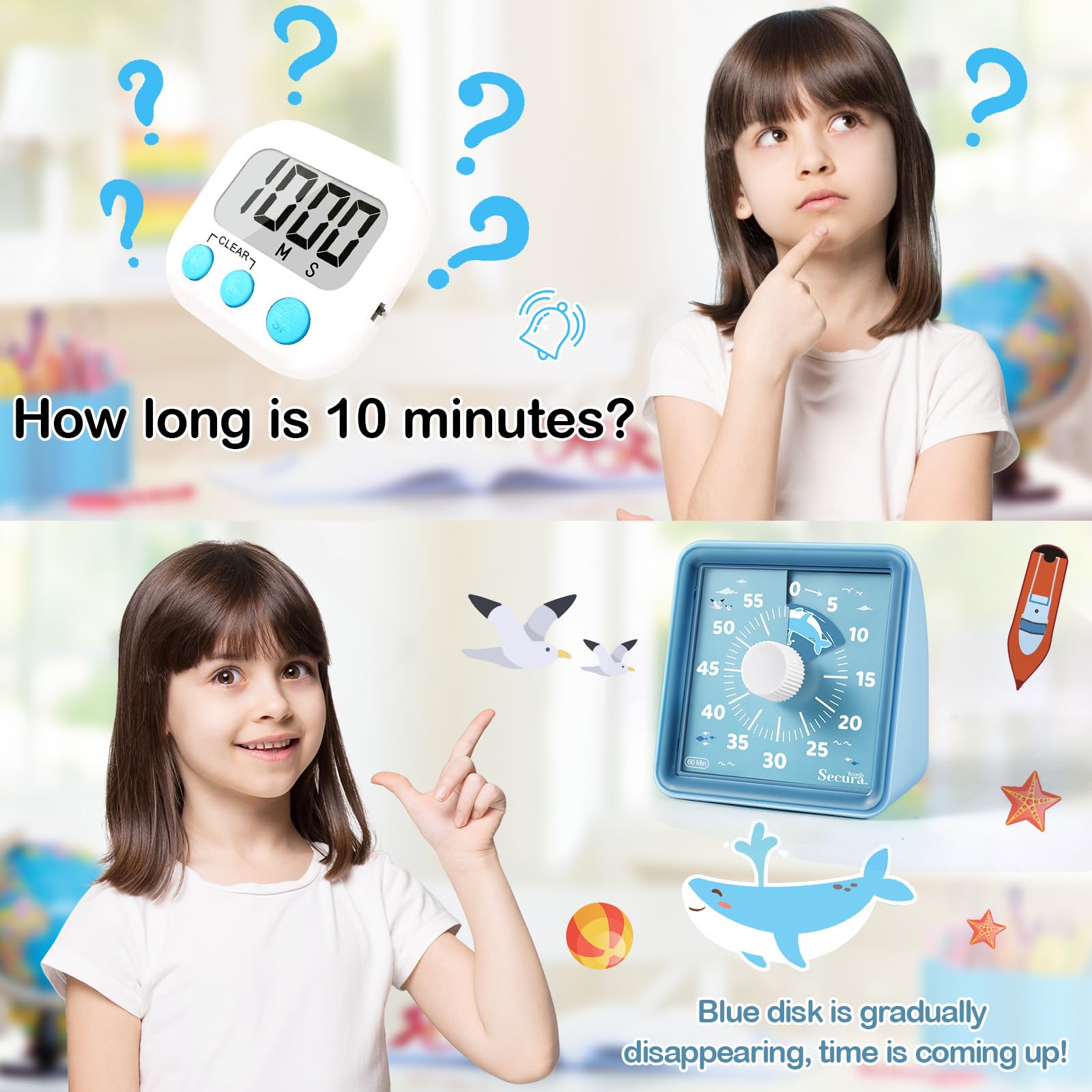 Secura 60-Minute Visual Countdown Timer for Kids & Classroom, Pomodoro ...