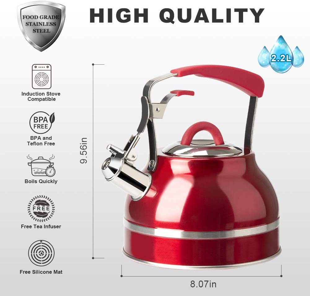 Stainless Steel Hot Water Kettle for Stovetops with Silicone Handle Secura Whistling Tea Kettle 2.3 Qt Tea Pot Silicone Trivets Mat Tea Infuser Red
