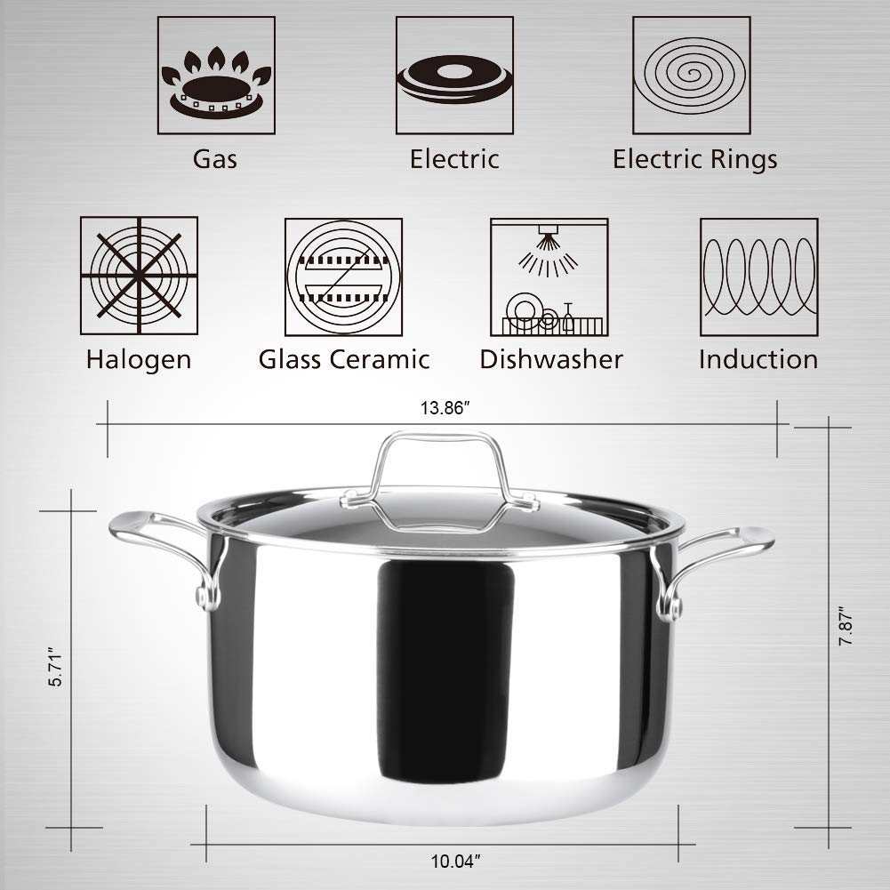 Duxtop Whole-Clad Tri-Ply Stainless Steel Stockpot with Lid 6.5 Quart Kitchen Induction Cookware