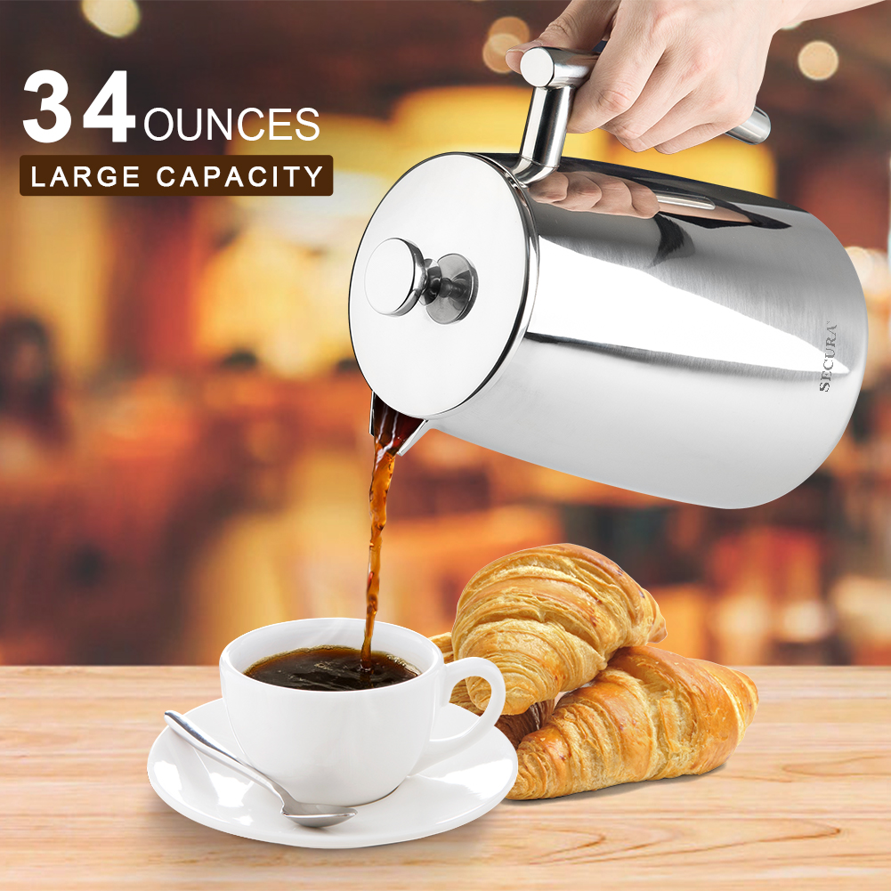 Secura French Press Coffee Maker, 304 Grade Stainless Steel 34 Oz new