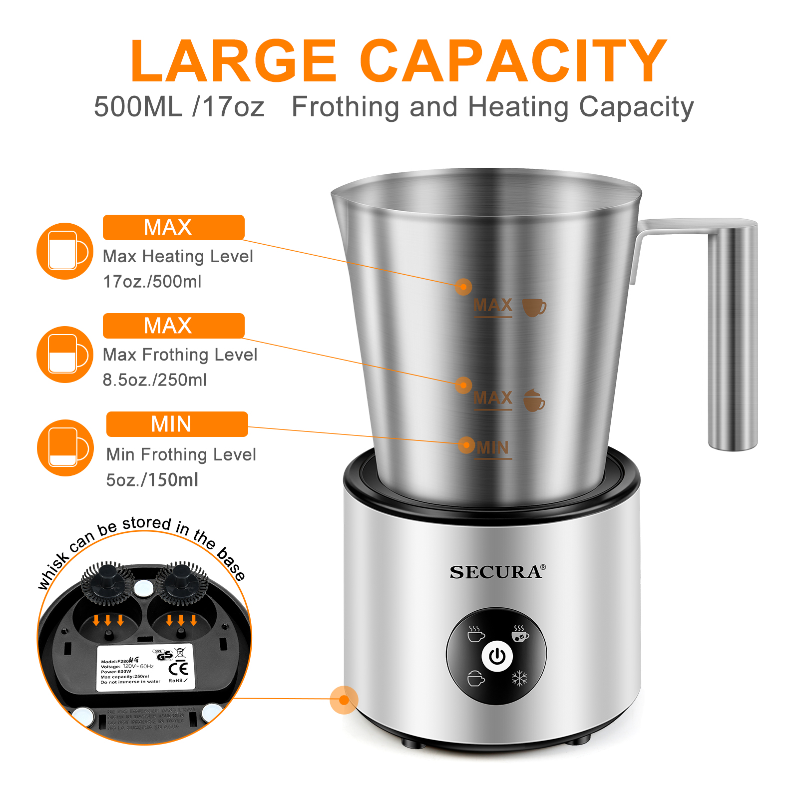 Milk Frother Machine, 4-in-1 Detachable Stainless Steel Hot & Cold Electric  Milk Warmer and Foam Maker with Smart Touch Control and Dishwasher Safe