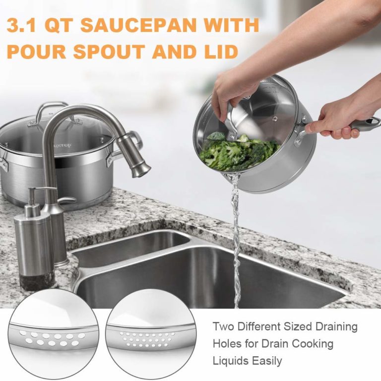 pots and pans set with straining lids