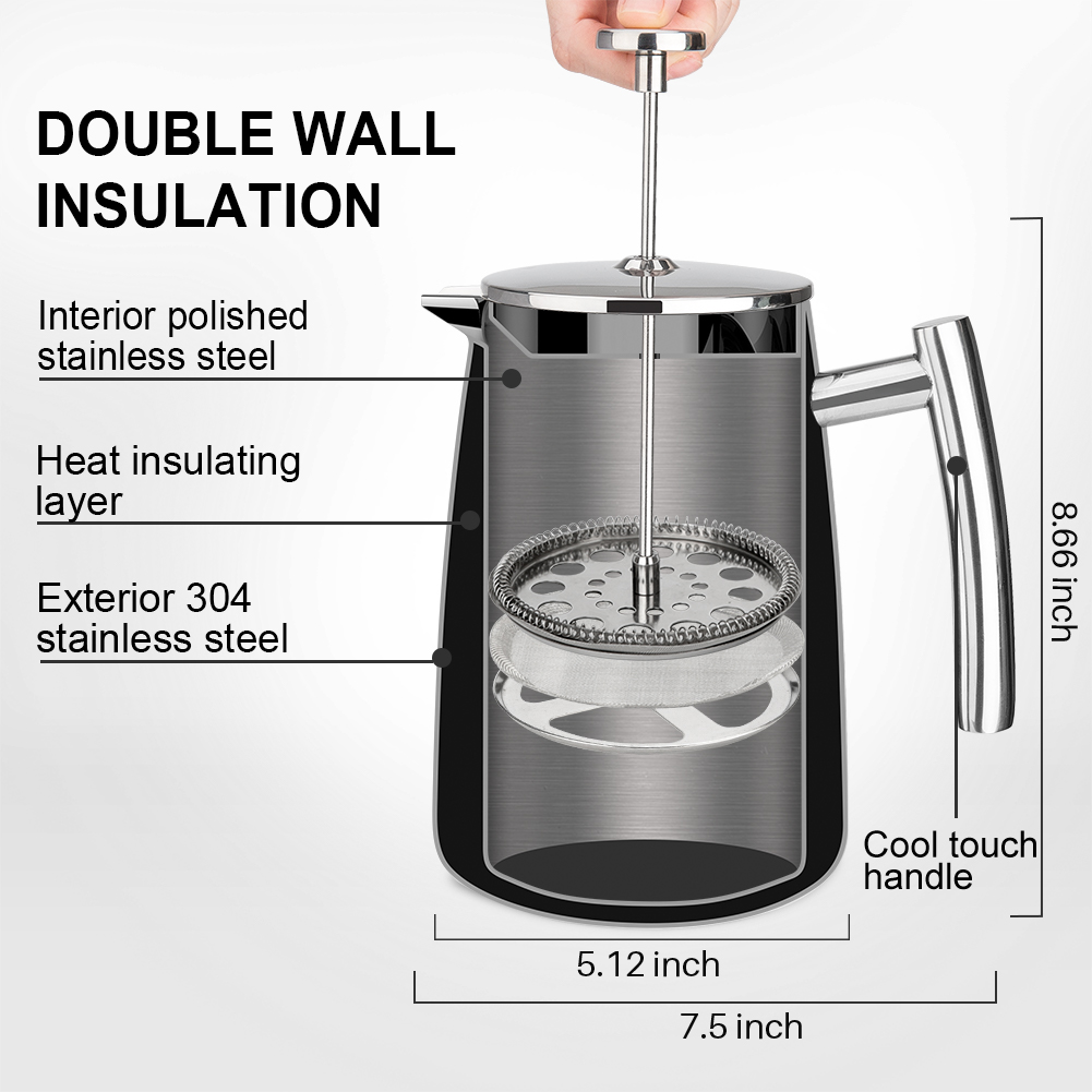 Secura French Press Coffee Maker, 304 Grade Stainless Steel Insulated Coffee  Press with 2 Extra Screens, 34oz (1 Litre), Silver 