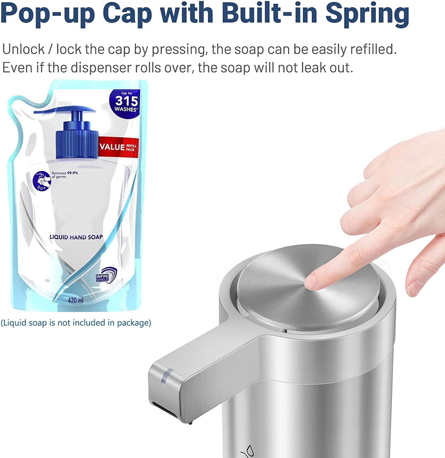 Secura Automatic Soap Dispenser, 9 oz/270ml Stainless Steel Touchless Soap Dispenser, Hand