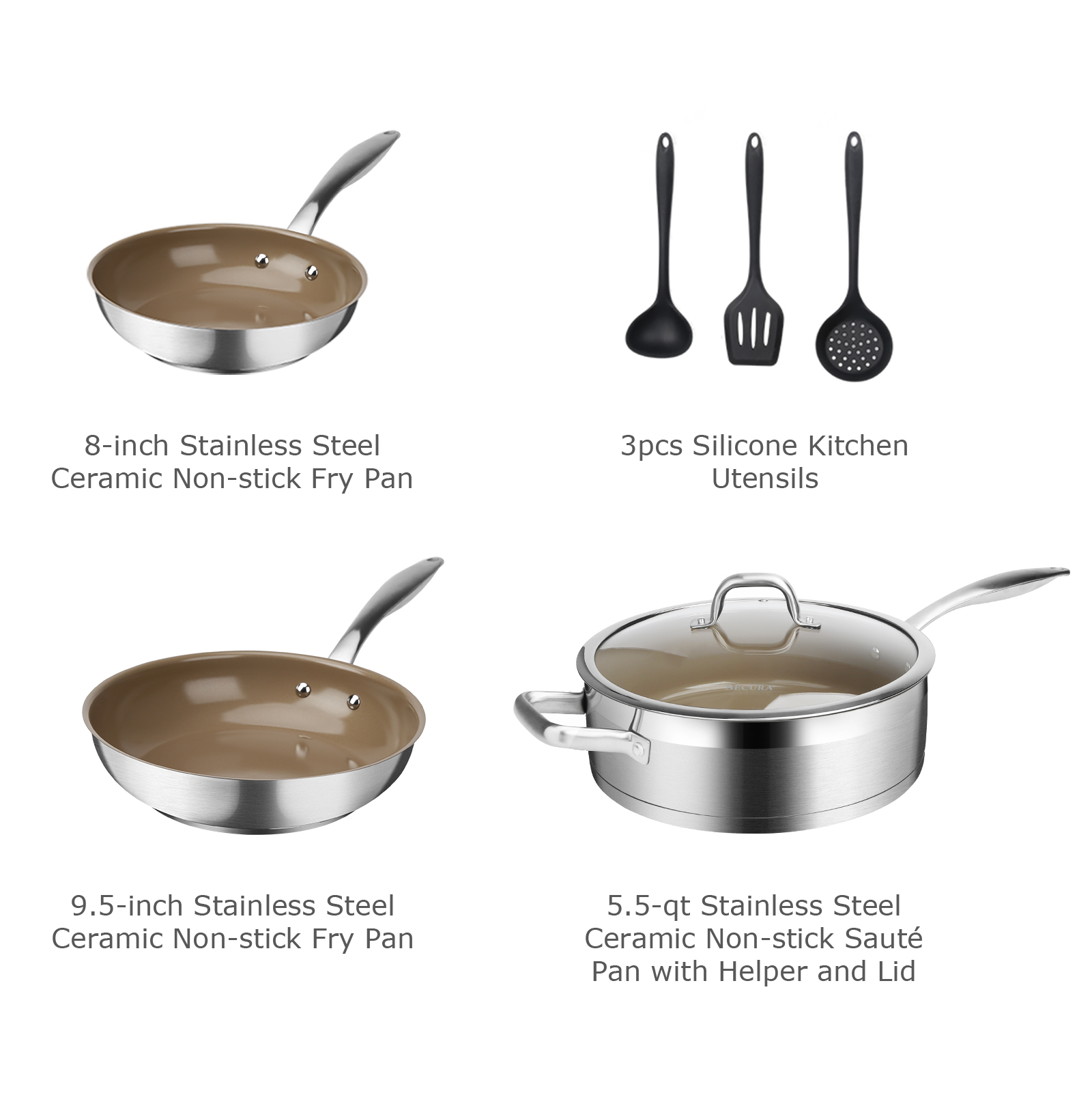 Duxtop 7PC Stainless Steel Ceramic Coated Nonstick Pans Set, Induction ...