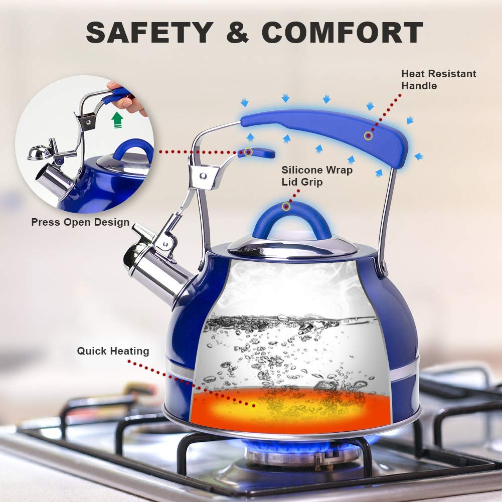 Secura Whistling Tea Kettle, 2.3 Qt Tea Pot, Stainless Steel Hot Water  Kettle for Stovetops with Silicone Handle, Tea Infuser, Silicone Trivets  Mat, Blue - The Secura