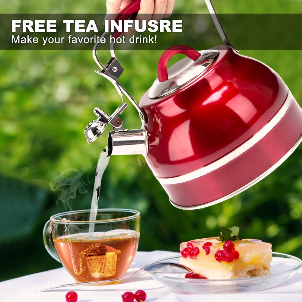 Stainless Steel Hot Water Kettle for Stovetops with Silicone Handle Secura Whistling Tea Kettle 2.3 Qt Tea Pot Silicone Trivets Mat Tea Infuser Red