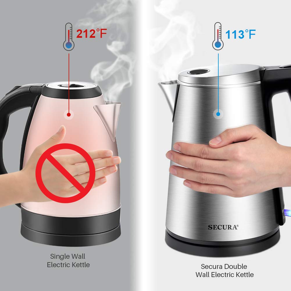 Electric Kettle(BPA Free), Double Wall Water Boiler Heater, Stainless Steel  Interior, Cool Touch Coffee Pot & Tea Kettle, Auto Shut-Off and Boil-Dry