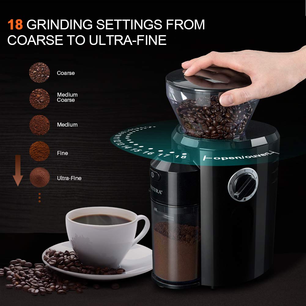 Secura Burr Coffee Grinder, Conical Burr Mill Grinder with 18 Grind Settings  from Ultra-fine to Coarse, Electric Coffee Grinder for French Press,  Percolator, Drip, American and Turkish Coffee Makers - The Secura