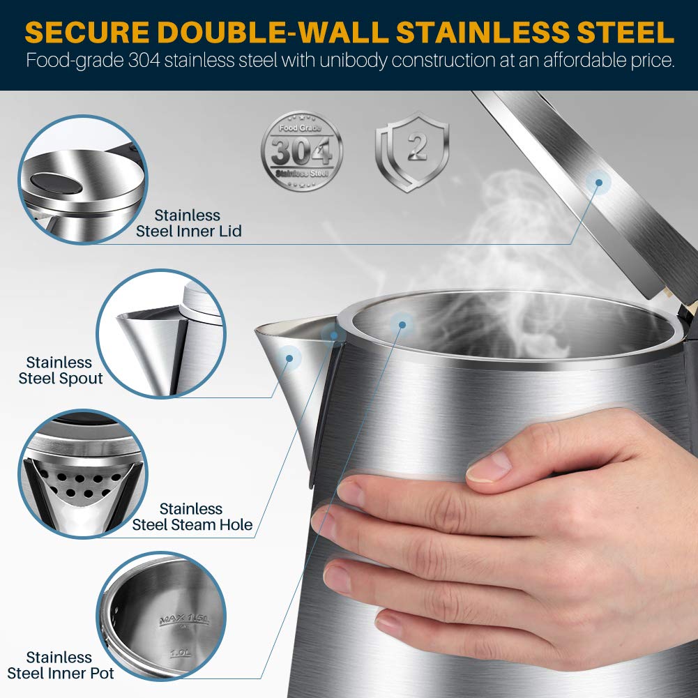 Secura Double Wall Stainless Steel Electric Kettle Water Heater for Tea  Coffee w/Auto Shut-Off and Boil-Dry Protection, 1.5L/1.6Qt - The Secura