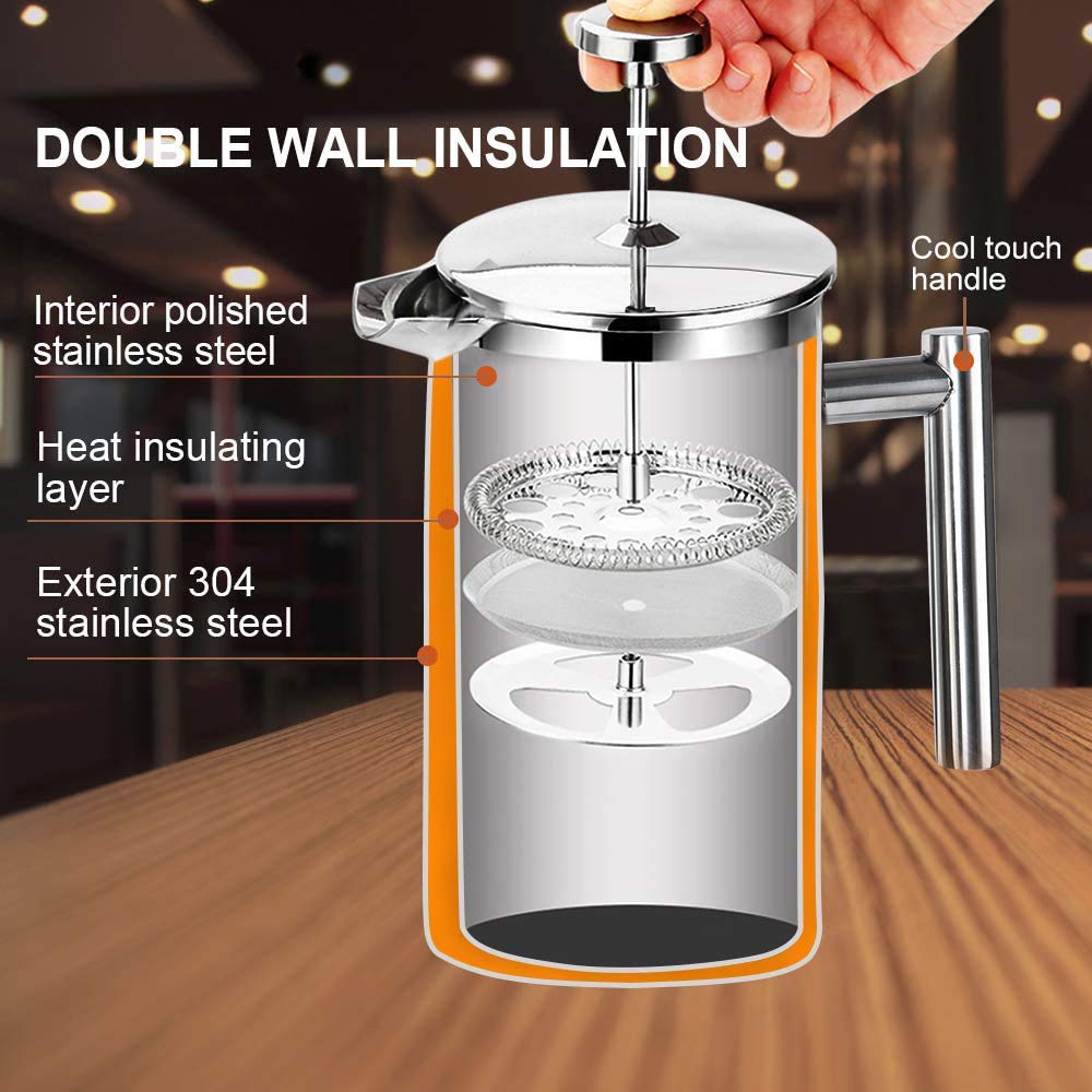 Secura French Press Coffee Maker 304 Grade Stainless Steel Insulated Coffee Press with 2 Extra Screens 50oz 1.5 Litre Silver The Secura