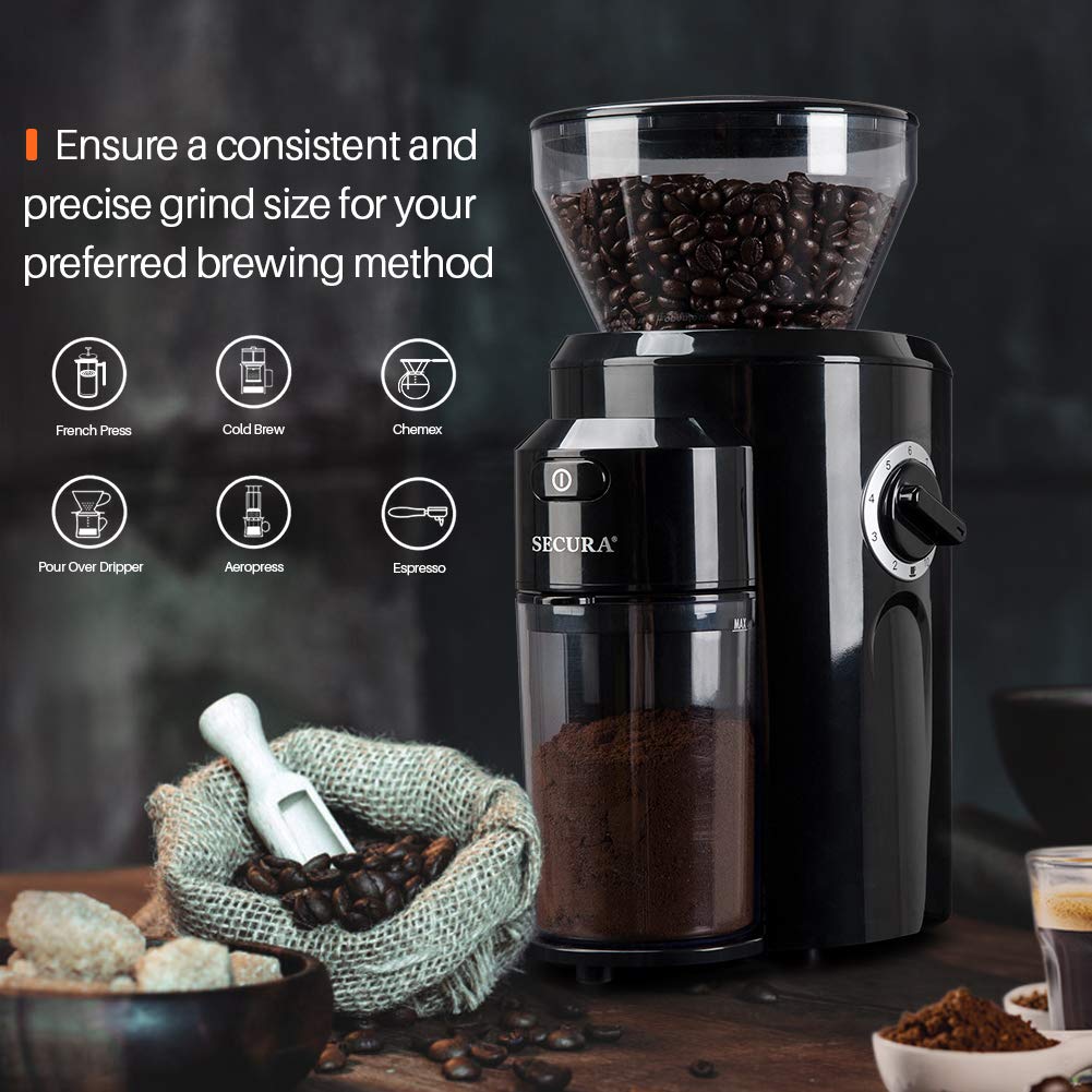Secura Burr Coffee Grinder, Conical Burr Mill Grinder with 18 Grind Settings  from Ultra-fine to Coarse, Electric Coffee Grinder for French Press,  Percolator, Drip, American and Turkish Coffee Makers - The Secura