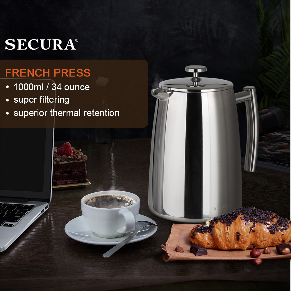 Secura French Press Coffee Maker, 50-Ounce, 18/10 Stainless Steel Insulated Coffee Press with Extra Screen, Silver