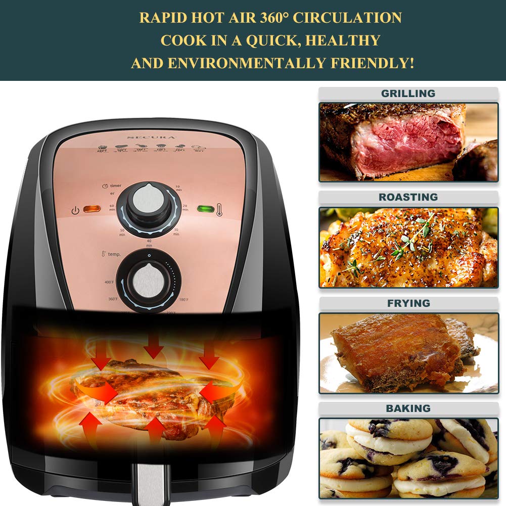 Secura Air Fryer XL 5.3 Quart 1700 Watt Electric Hot Air Fryers Oven Oil Free Nonstick Cooker w Additional Accessories Recipes BBQ Rack Skewers for Frying Roasting Grilling Baking Gold The Secura