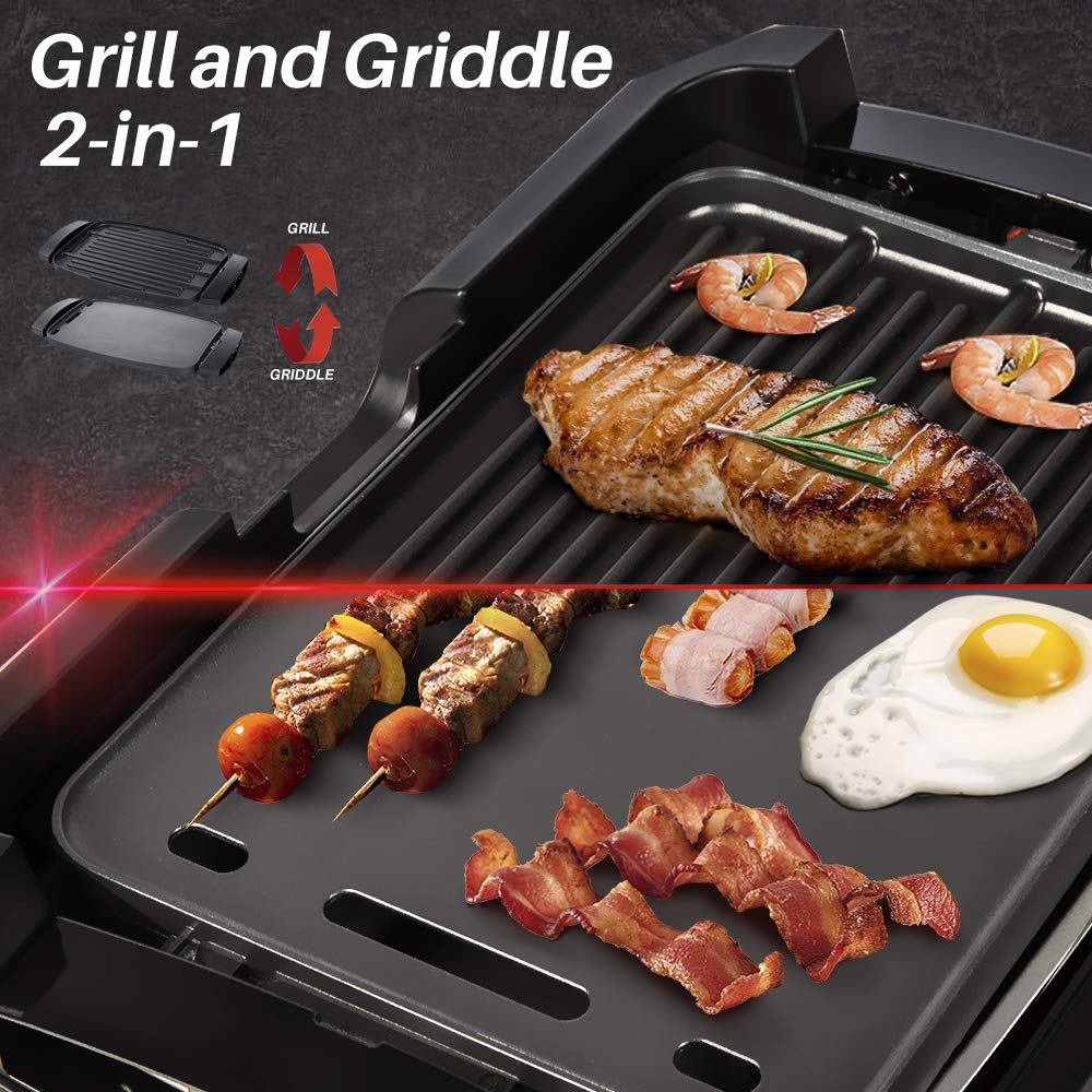 Kyman Grill Electric Indoor Smokeless with Removable Griddle Plate,Nonstick Adjustable Heat Control with Grease Drip Tray for 3-6 People Durable 