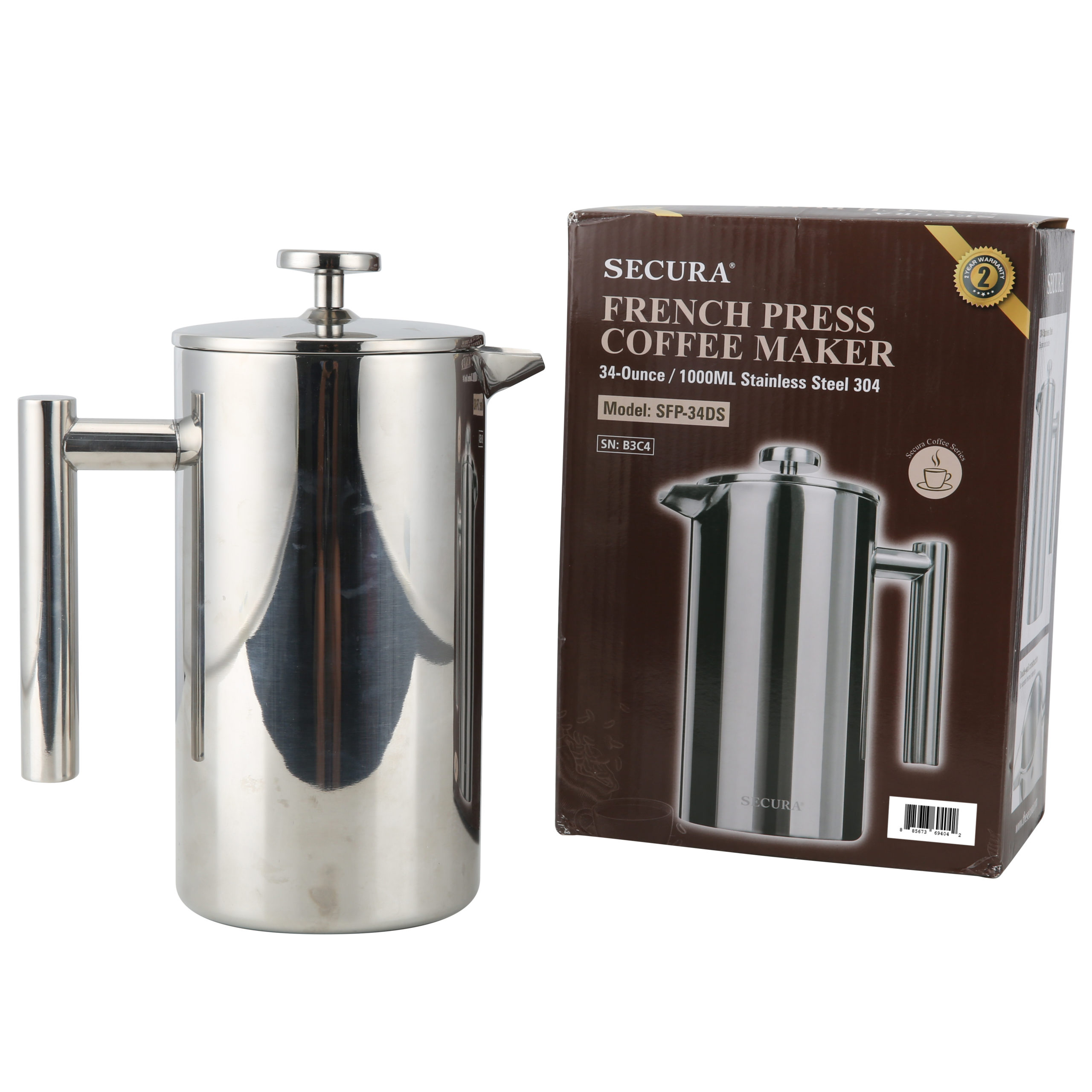 Secura French Press Coffee Maker, 304 Grade Stainless Steel Insulated Coffee  Press with 2 Extra Screens, 34oz (1 Litre), Silver - The Secura