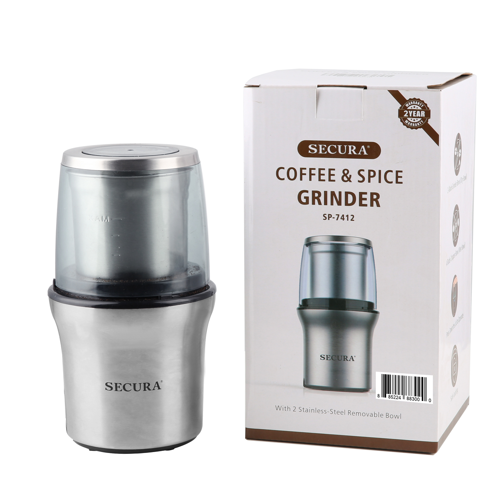 Secura Coffee Grinder Electric, Spice Grinder Electric, Coffee Bean Grinder,  Dry & Wet Grinders for Spices, Herbs, Nuts, Grains with 2 Stainless Steel  Blades Removable Bowls 
