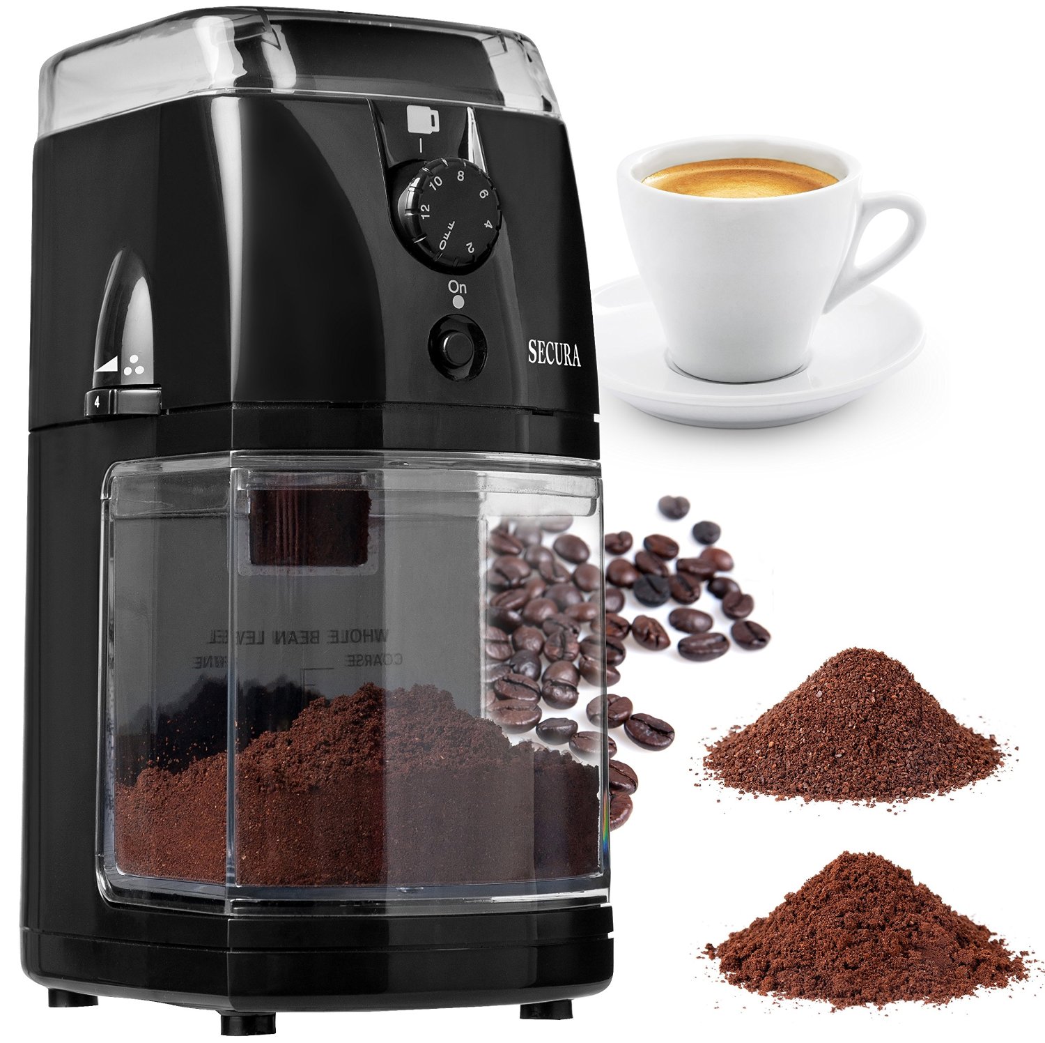 12 cups Renewed Black Secura 903B-2YN Automatic Electric Burr Coffee Grinder Mill 2 Year Warranty 