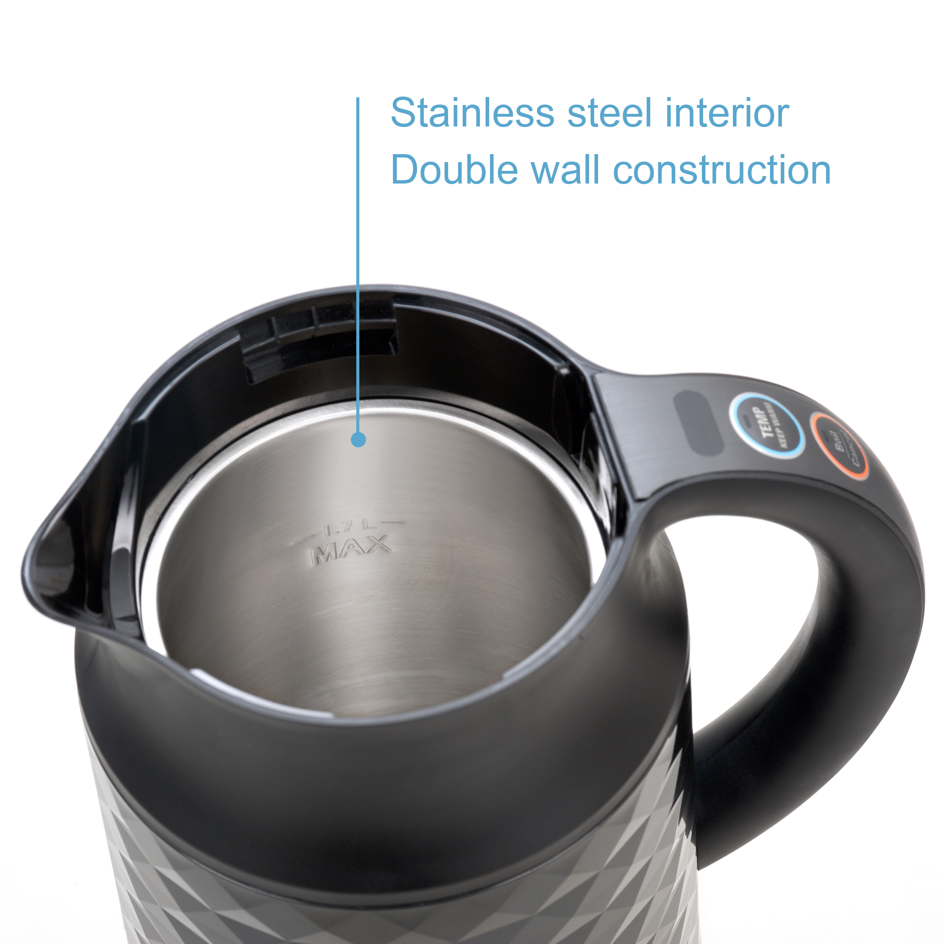 Stainless Steel with 100% Plastic-Free Interior 1.9 Quart/1.8L Cordless Electronic Hot Water Heater Pot with Cool Touch Grey Boil Dry Protection & More Double Wall Safe Touch Electric Kettle 