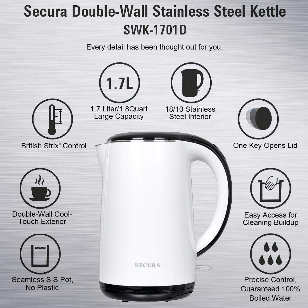 Secura SWK-1701DB The Original Stainless Steel Double Wall Electric Water  Kettle 1.8 Quart, White - The Secura