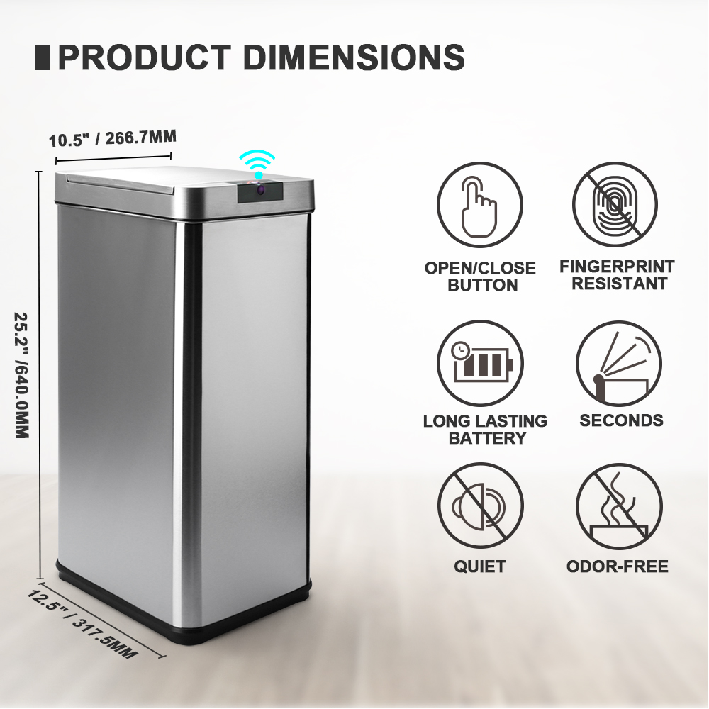 Secura 13 Gallon Automatic Trash Can with Odor-Absorbing Filter, Stainless  Steel Adjustable Sensor Kitchen Trash Bin with Motion-Sensing Lid with AC  Adapter, LED Countdown Timer - The Secura
