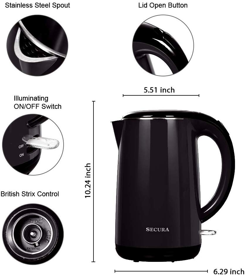 Secura SWK-1701DB The Original Stainless Steel Double Wall Electric Water  Kettle 1.8 Quart, Black Onyx 