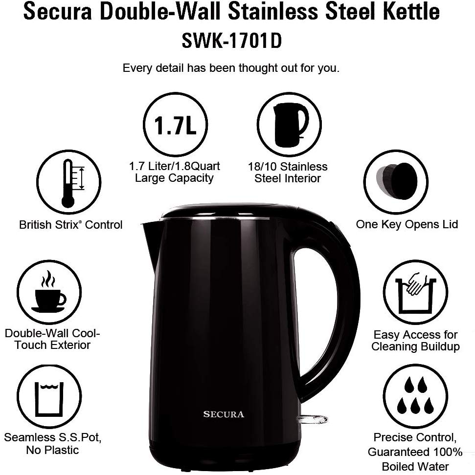  Secura SWK-1701DP The Original Stainless Steel Double Wall  Electric Water Kettle 1.8 Quart, Dark Purple : Everything Else
